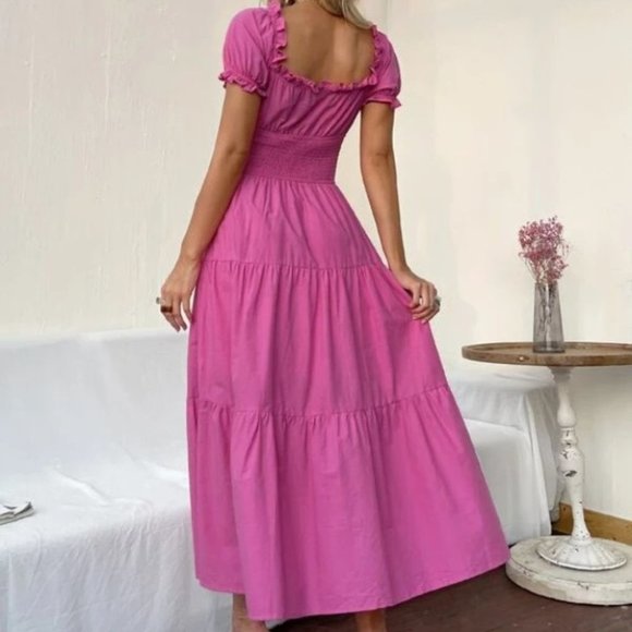 Pink Boho Off Shoulder Flounce Sleeve shabby chic Shirred cottagecore Max… - Picture 5 of 5